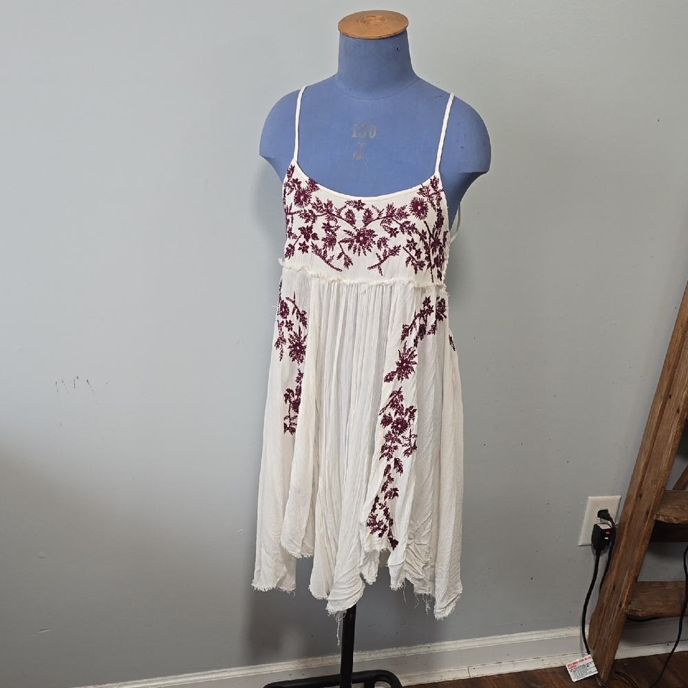 Free People White Dress with Red Embroidery